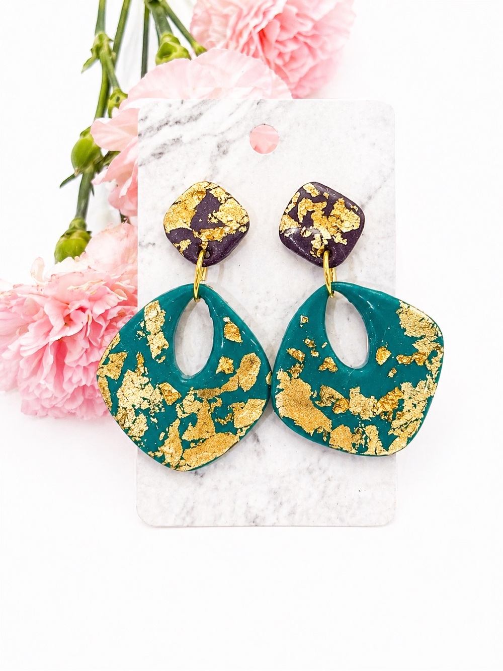 Artisan Teal & Gold Leaf Drop Handmade Clay Earrings